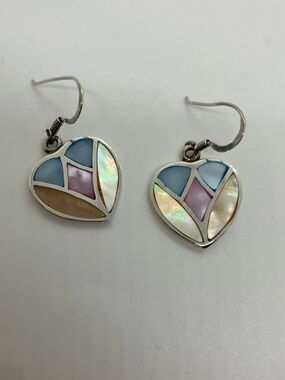 Vtg 925 Sterling Silver Multicolored Mother of Pearl Heart Dangle Earrings